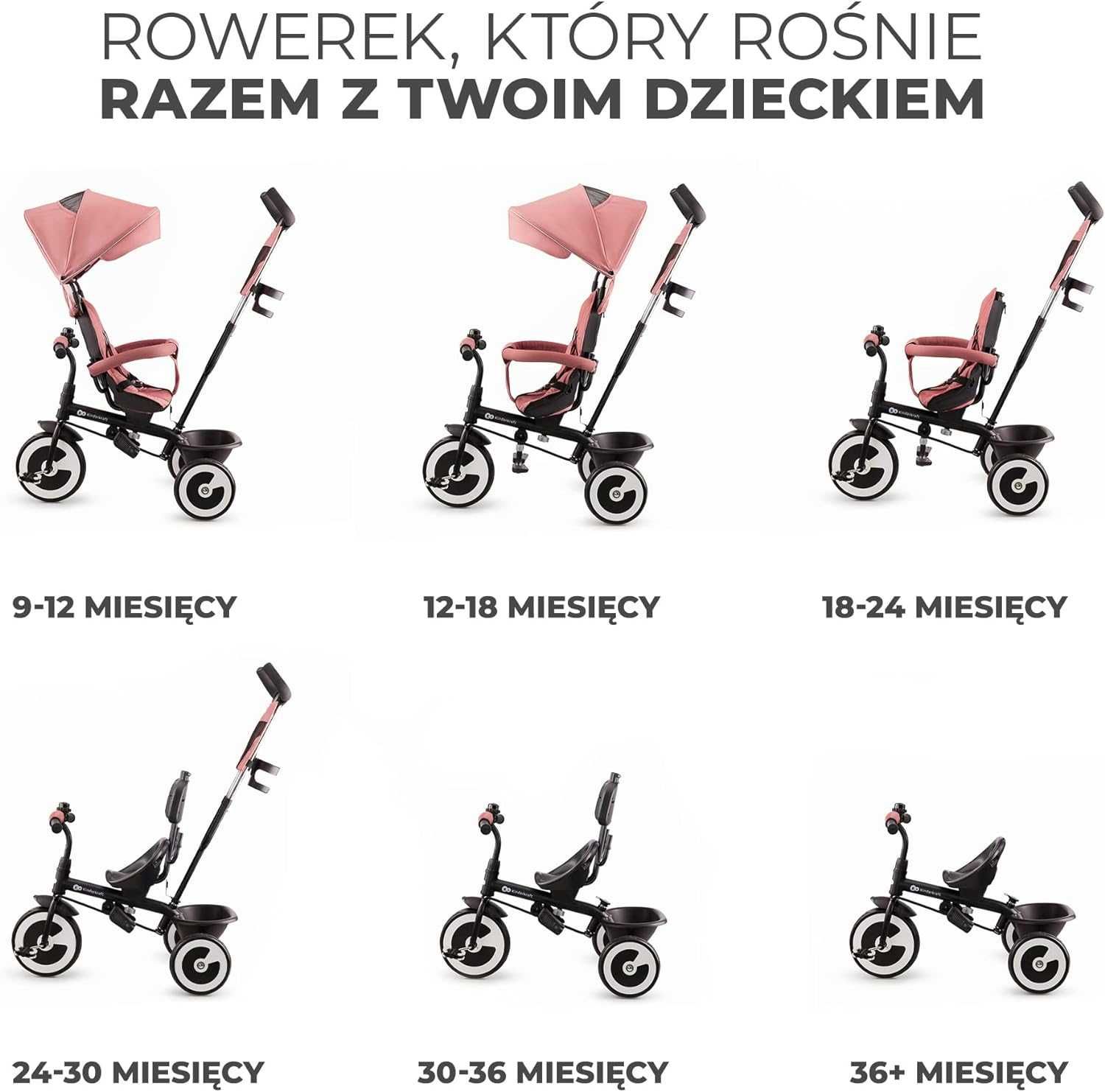 Rowerek trójkołowy z funkcja spacerówki Kinderkraft Aston Różowy NOWY