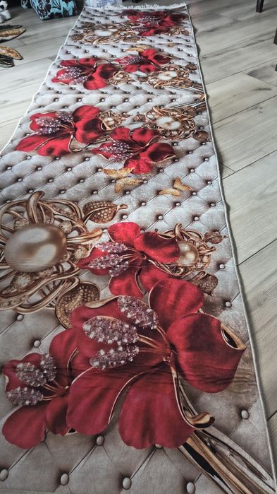 Dywan chodnik 80x300cm beż kwiaty antypoślizgowe