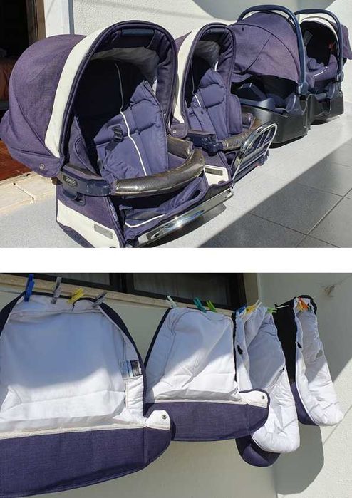 Carrinho de gémeos Bébécar (com ovos/cadeiras/alcofas/bases isofix)