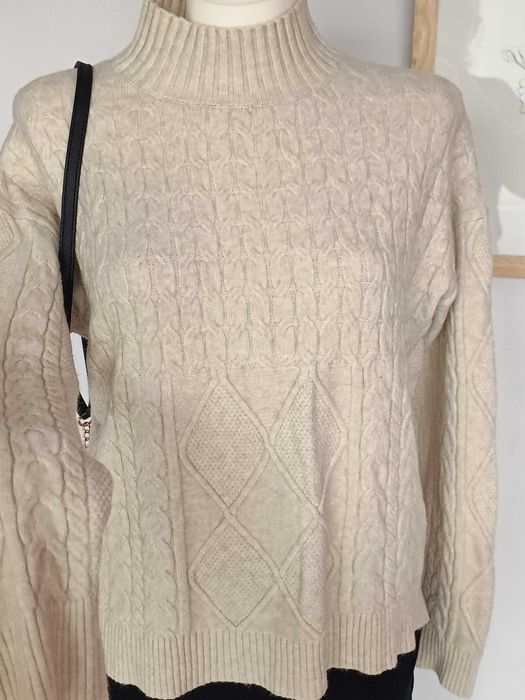 Nowy beżowy kremowy sweter z warkoczem wełna angora damski 40 L 42 XL