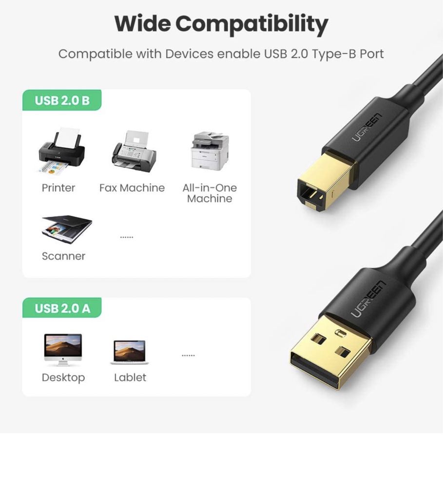 UGREEN Printer Cable USB 2.0 Type A Male to B Male Lead 5Metros