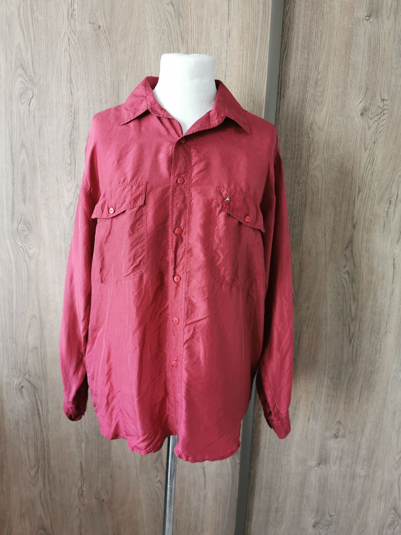 Fortei jedwabna koszula vintage 100% jedwab silk malinowa czerwień M