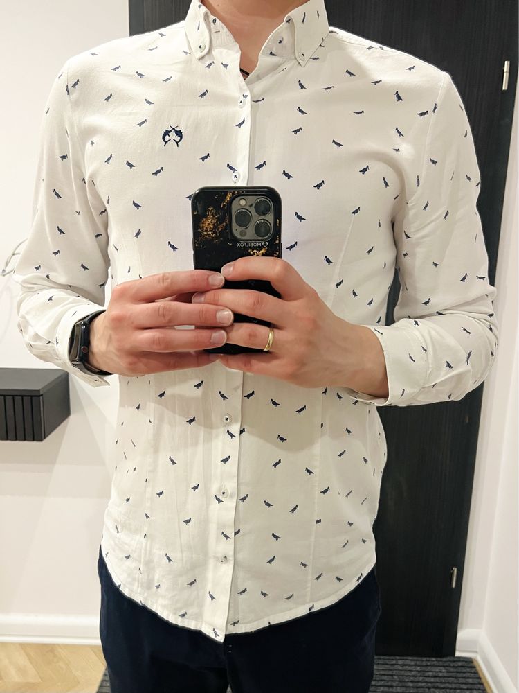 Biała koszula Claudio Campione Slim Fit granatowe wzory, luksus