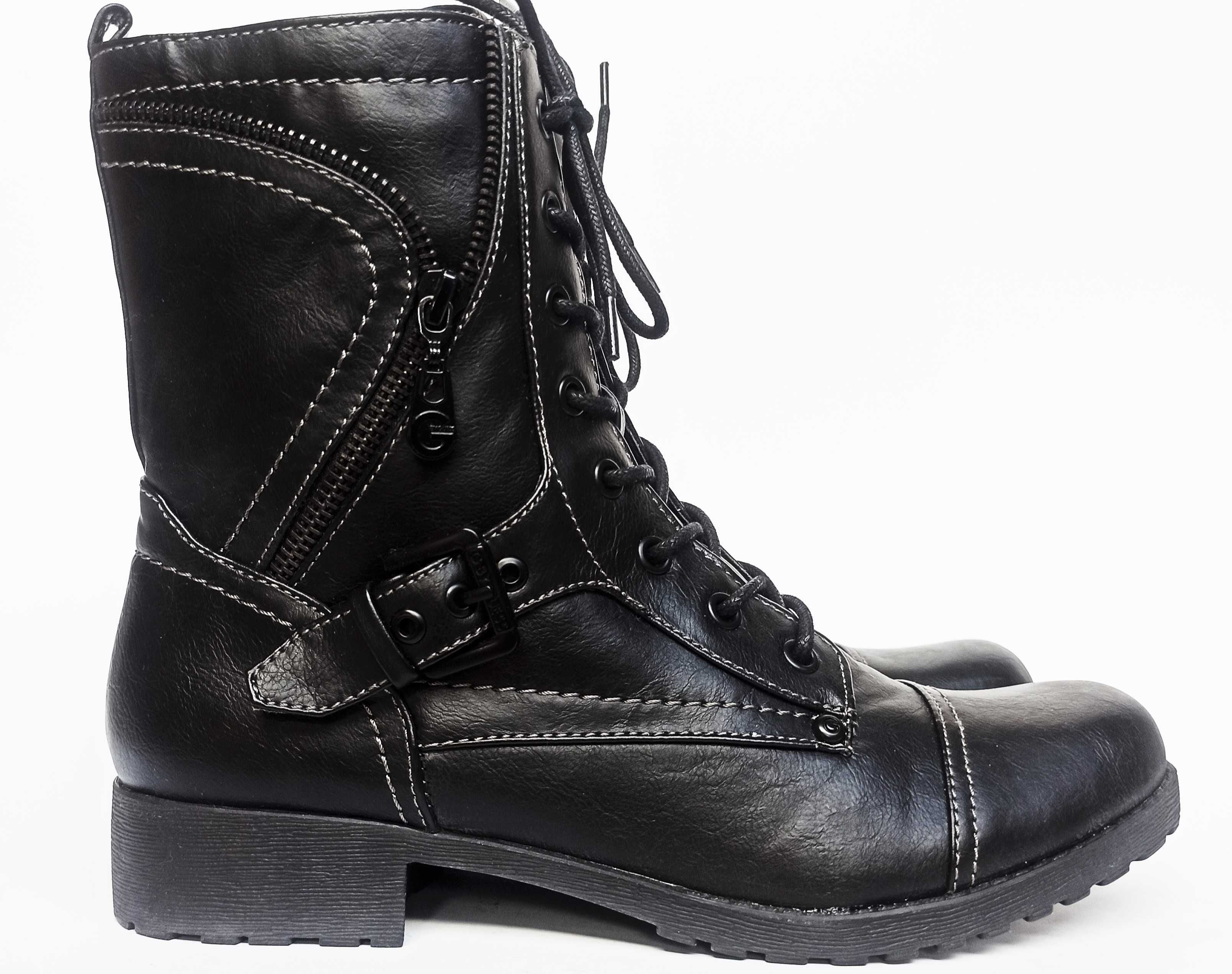 GUESS Trapery Kozaki Botki Militarne Kombat Martens Czarne Workery