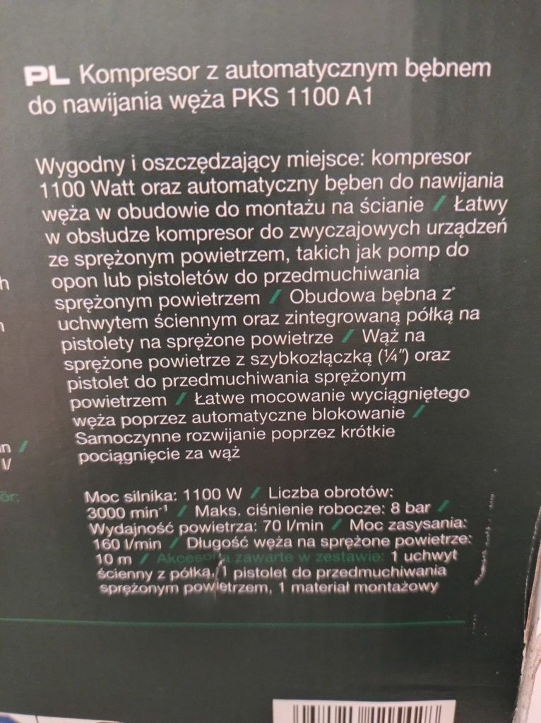 Kompresor wiszący z automatycznym wężem PKS 1100 W Parkside