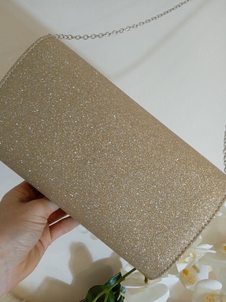 Torebka pojemna wizytowa wieczorowa złoty brokat 24/14cm na łańcuszku