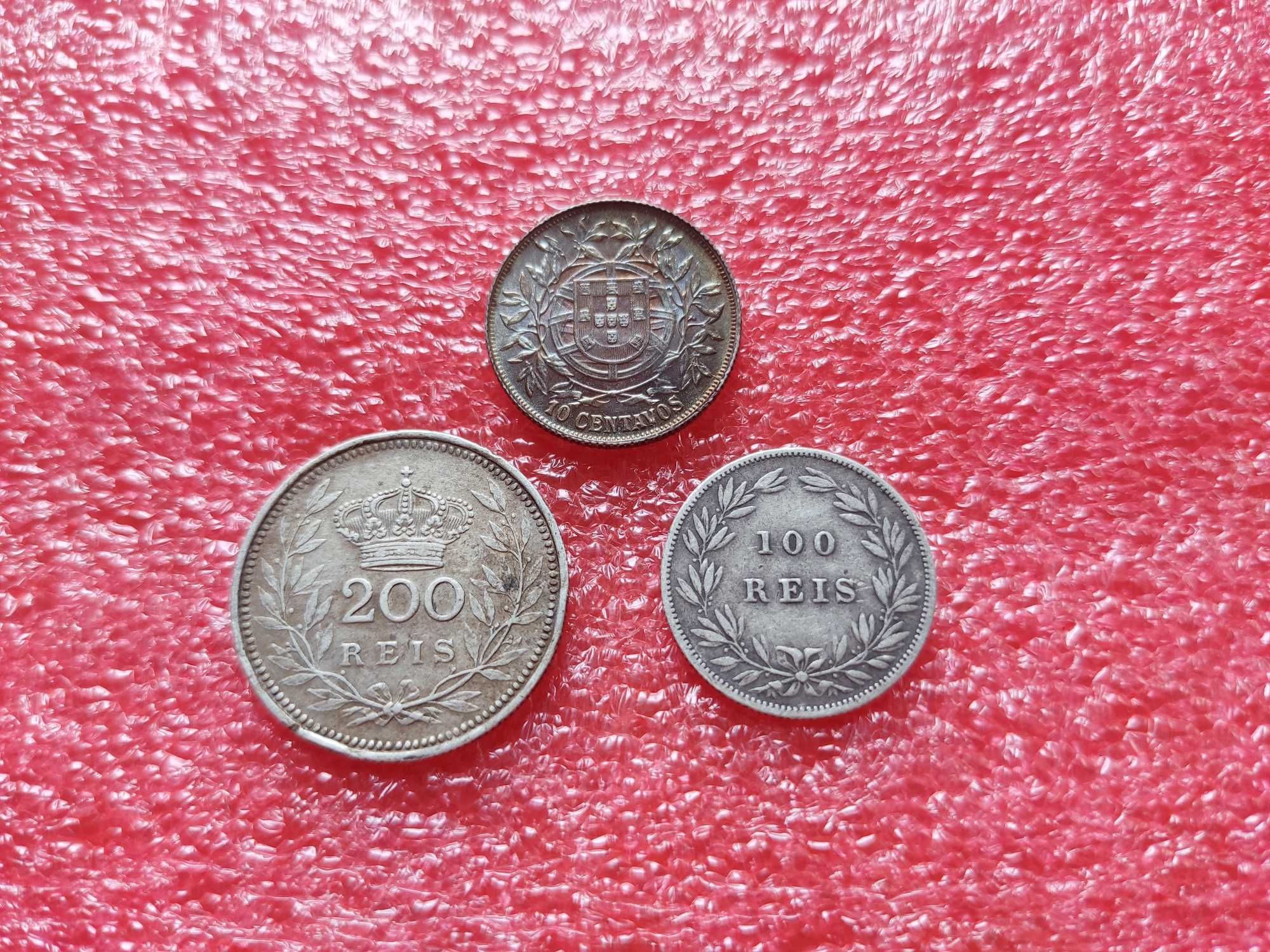 3 Moedas: 10 Centavos 1915, 100 Réis 1879 e 200 Réis 1909