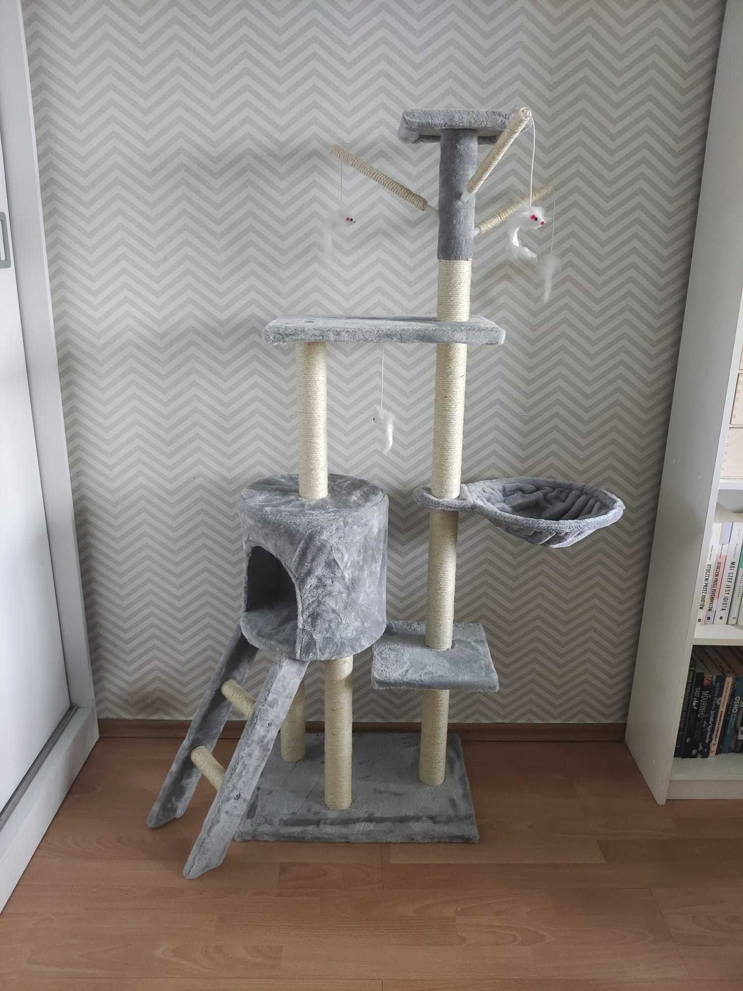 NOWY drapak dla kota z domkiem, drabinką, legowiskiem, myszkami; 140cm