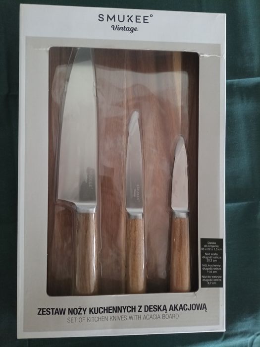 Zestaw 3 noże kuchenne i deska akacjowa do krojenia SMUKEE VINTAGE