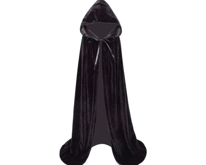 Czarna peleryna na Halloween z kapturem, aksamitna, 190 cm