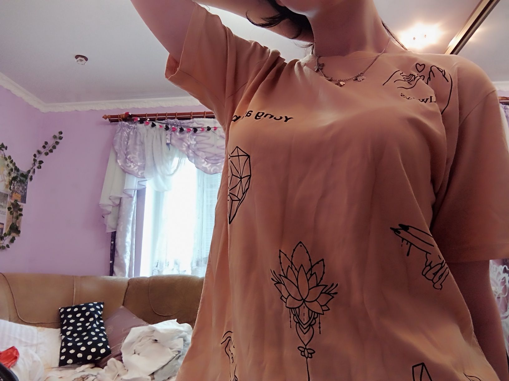 футболка женская с принтом персиковая,тренд хиппи милая 2023 розовая