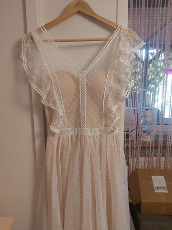 Sukienka midi Sophie tiulowa w groszki zdobiona koronką biała