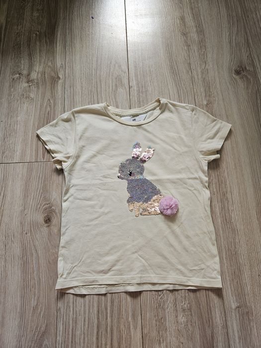 T-shirt z króliczkiem aplikacja 3d cekiny dwustronne h&m r110/116