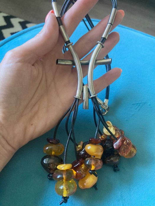 Artystyczny komplet naszyjnik bransoletka srebro bursztyny