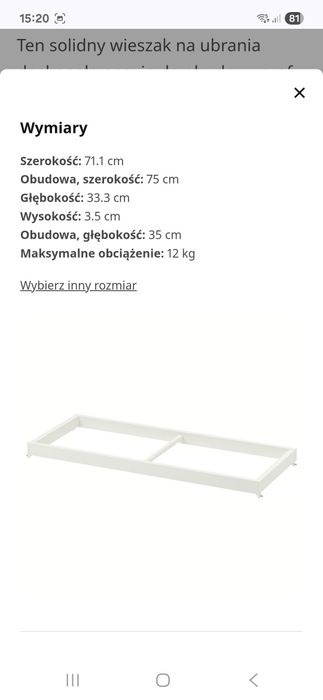 Drążek na ubrania 75x35 cm ikea pax komplement
