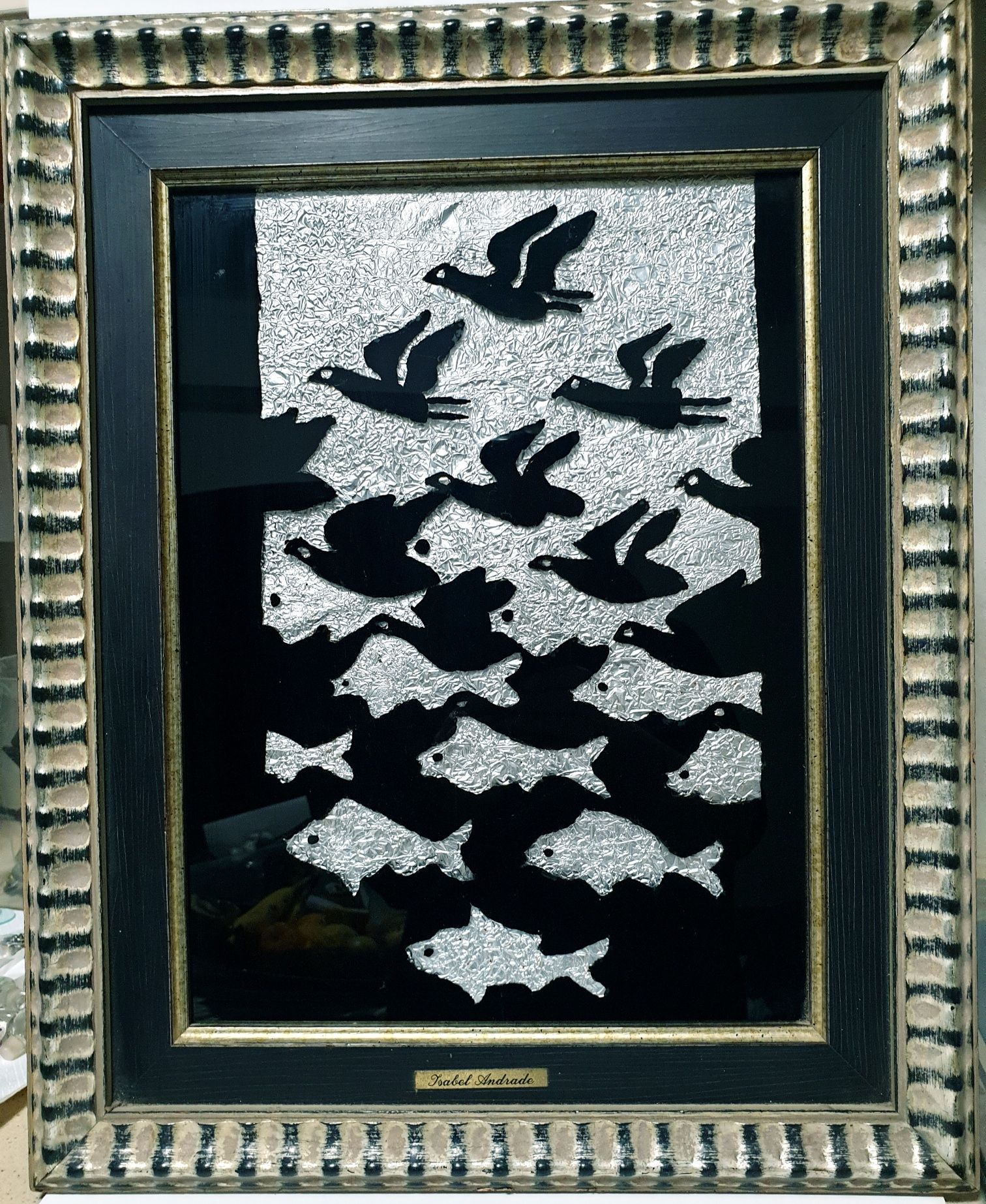 Invulgar quadro estilo "Escher" aves e peixes  - Isabel Andrade