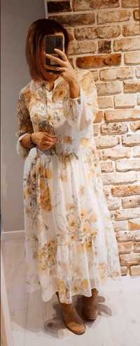 H&M sliczna zwiewna szyfonowa sukienka w kwiaty wiosenna oversize L/XL