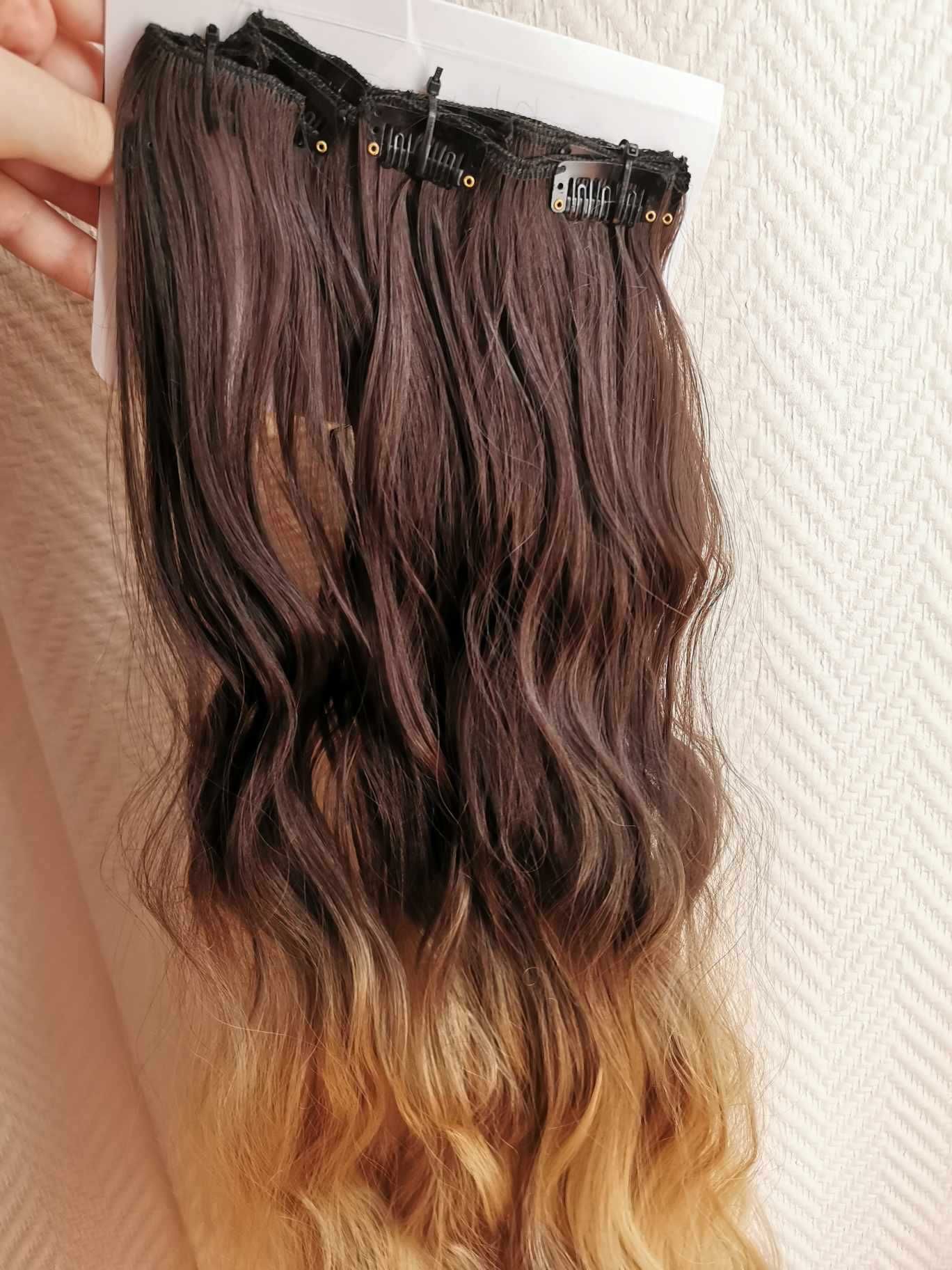 Doczepiane włosy ombre brąz blond clip 65cm fale