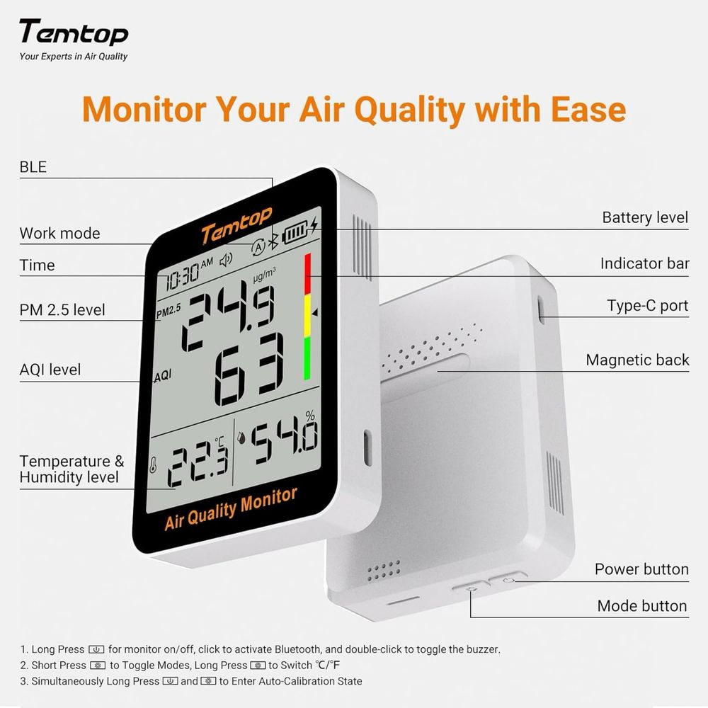 Temtop S1+ Miernik jakości powietrza PM2,5, AQI, temperatury i wilg