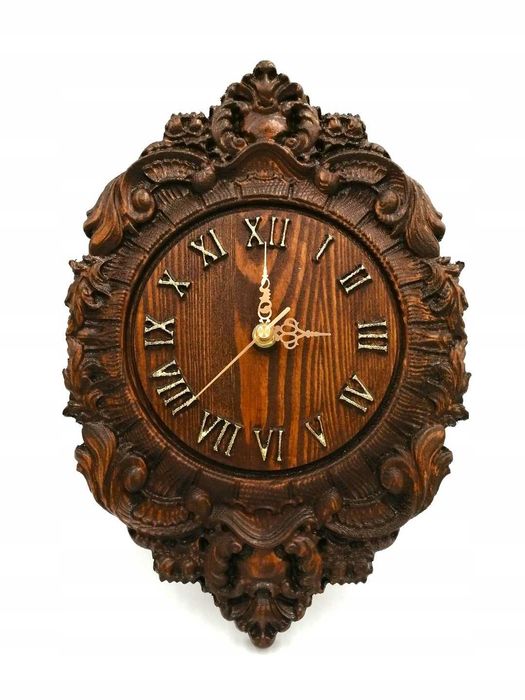 Zegar na ścianę drewniany, styl retro, barok, bogato rzeźbiony
