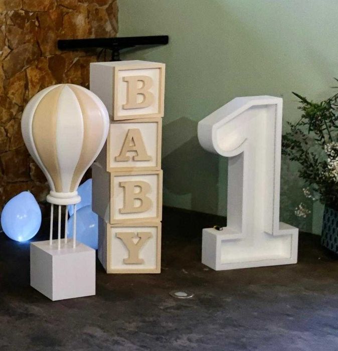 Festa de Aniversário - Número 3D, Balão Ar Quente, Cubos Decoração