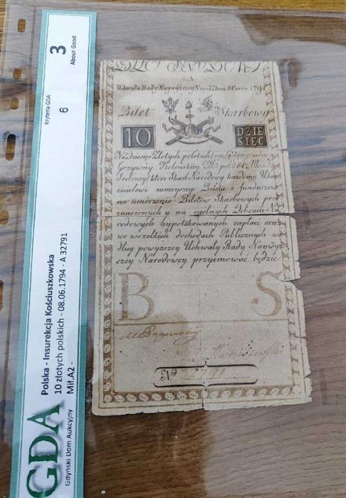Banknot insurekcja kościuszkowska bilet skarbowy 10zł 1794 seria A