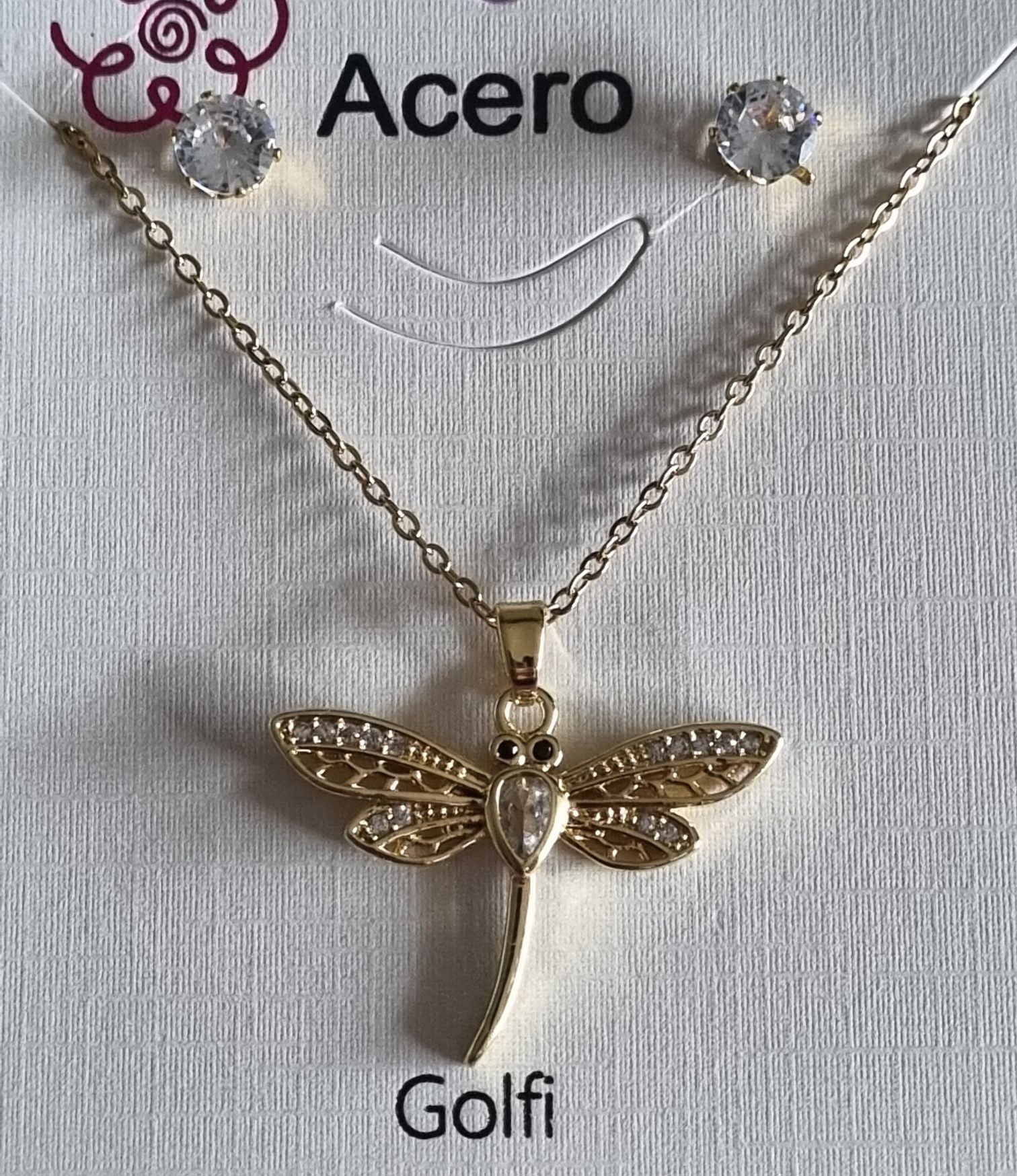 Conjunto dourado (colar e brincos), em aço, com  libelinha.
