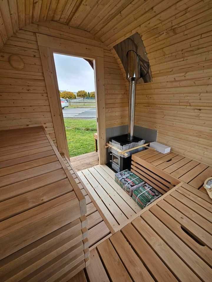 Sauna ogrodowa z piecem opalanym drewnem piękna panorama