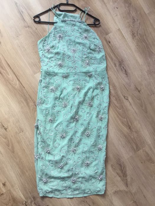 Sukienka wesele elegancka midi Asos turkusowa zielona zdobiona 38