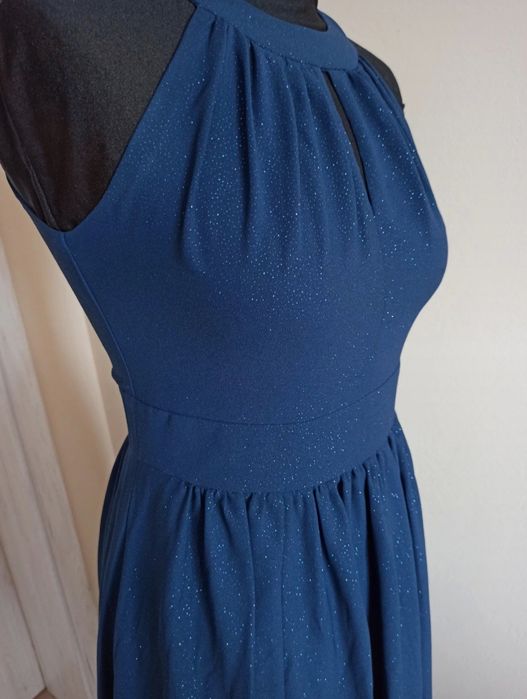 Sukienka długa na studniówkę wesele granatowa błyszcząca z brokatem