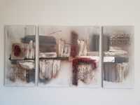 Conjunto de 3 Quadros Abstratos - Cinza e Vermelho