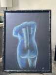 Quadro pintura pastéis a óleo moldura bambu azul nu femenino