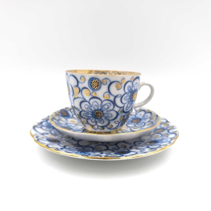 Łomonosow Trio Filiżanka Podstawek Spodek Talerzyk Porcelana Kobalt