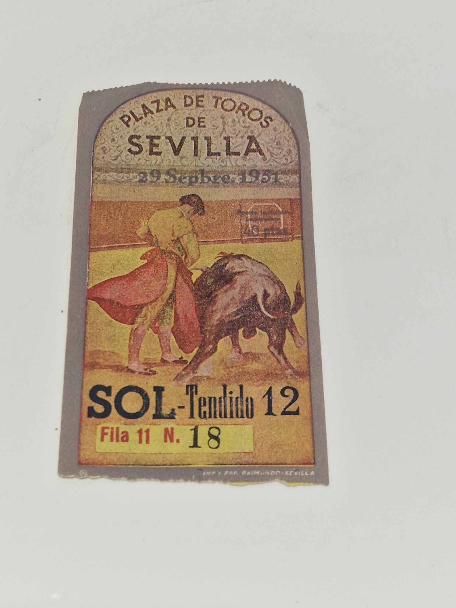 Bilhete Touradas - Plaza Toros Sevilla 29 Sep 1951