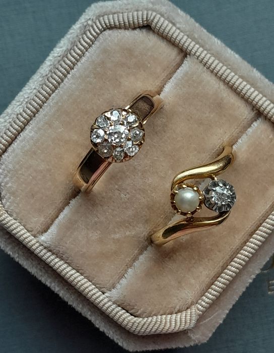 R.16 Pierścionek Paryż Antyk 1910 Złoto 750 Brylant Perła