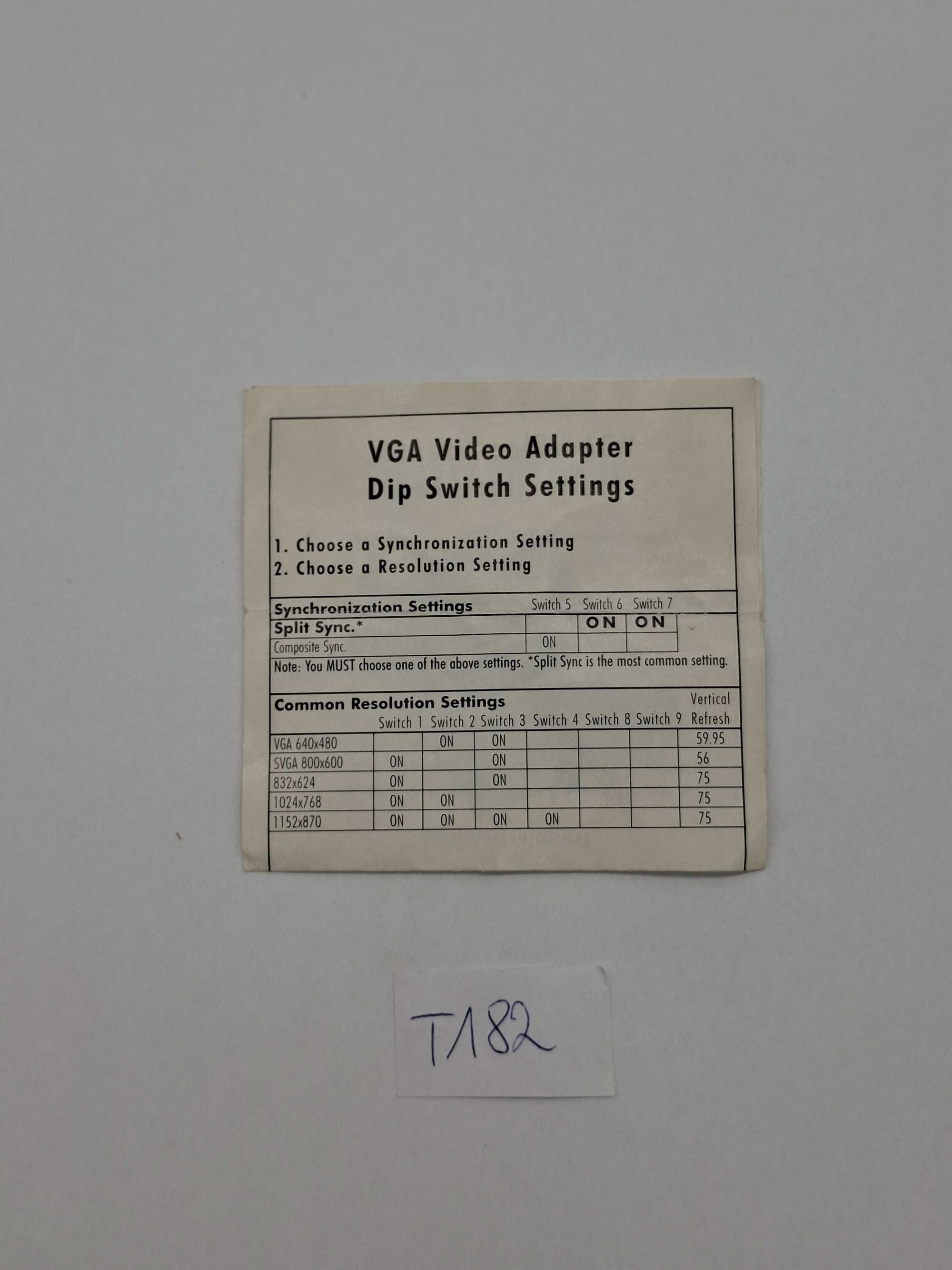 Video Adapter Dip switch Settings T182