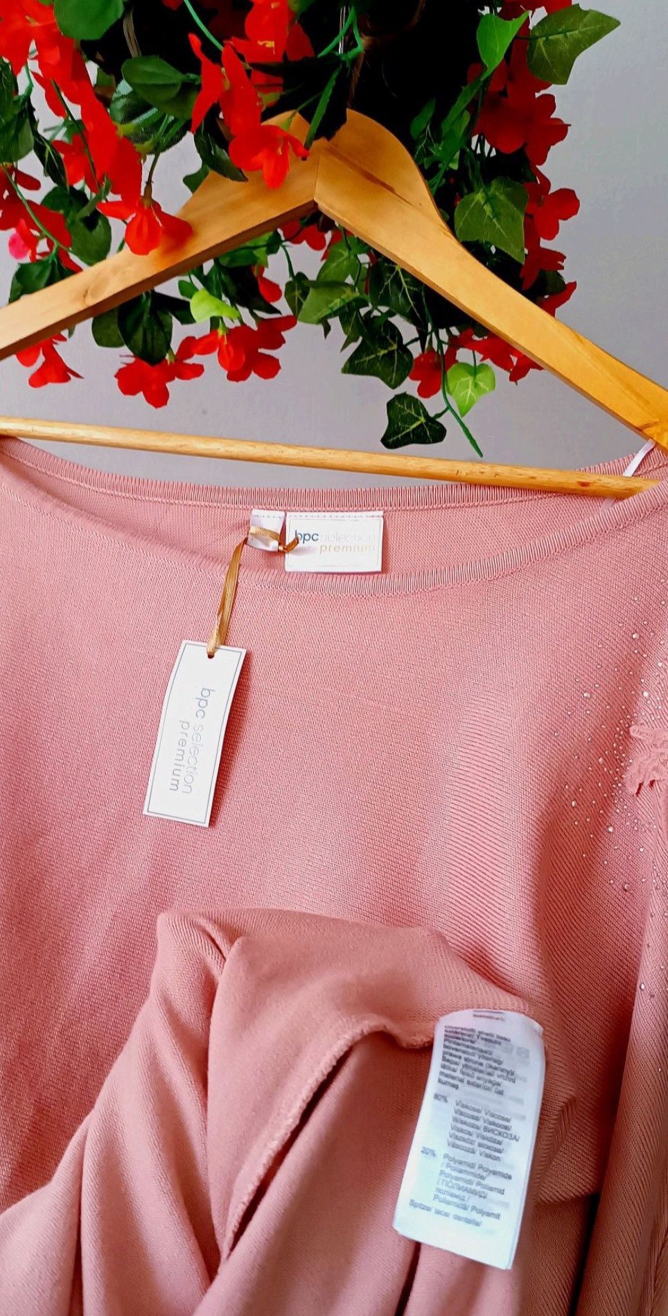 NOWY elegancki sweter r.48/50 koronka,haft,cyrkonie - delikatny róż