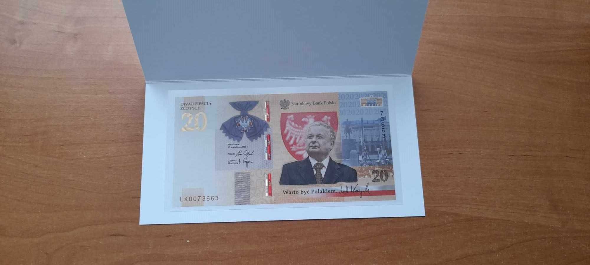 Banknot 20 zł Lech Kaczyński UNC + folder