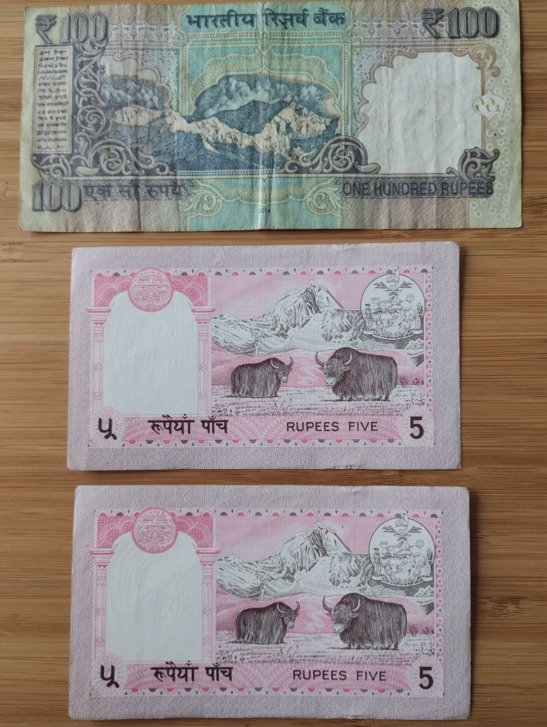 Banknoty, Indie 100 rupii, Nepal 5 rupii