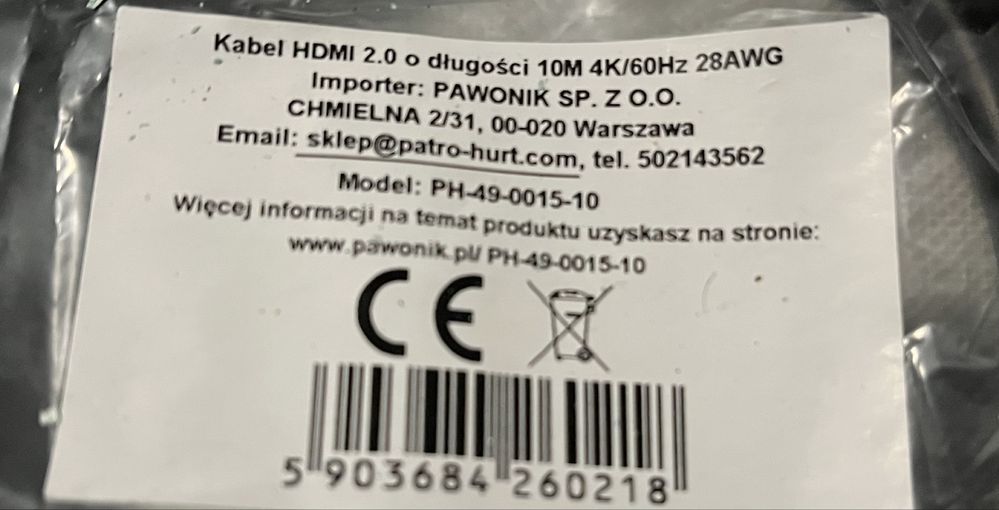 kabel hdmi 2.0 o długości 10 metrów 4K/60Hz 28AWG