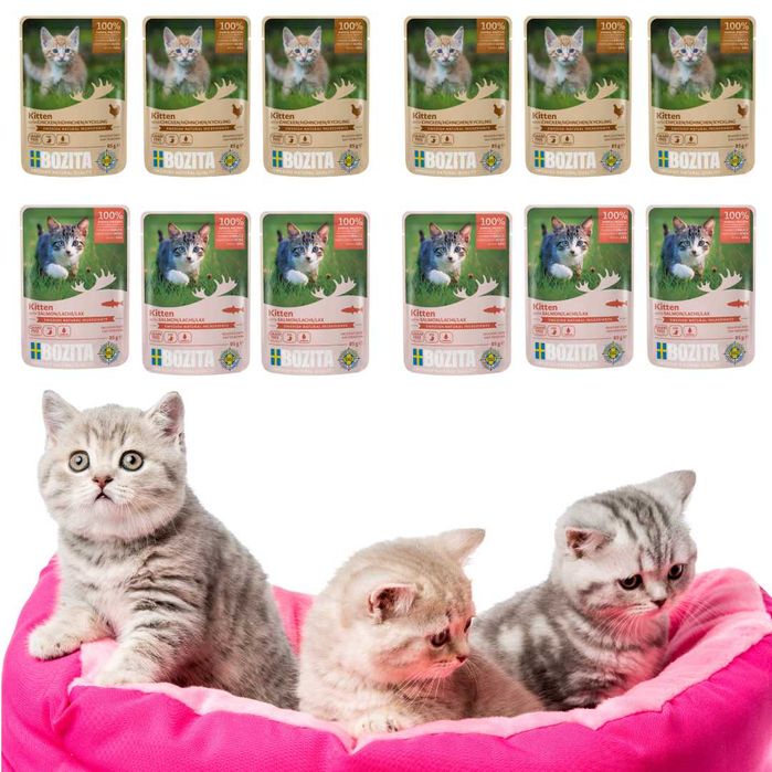 BOZITA Kitten MIX 12x85g SASZETKI Łosoś Kurczak mokra karma dla kociąt
