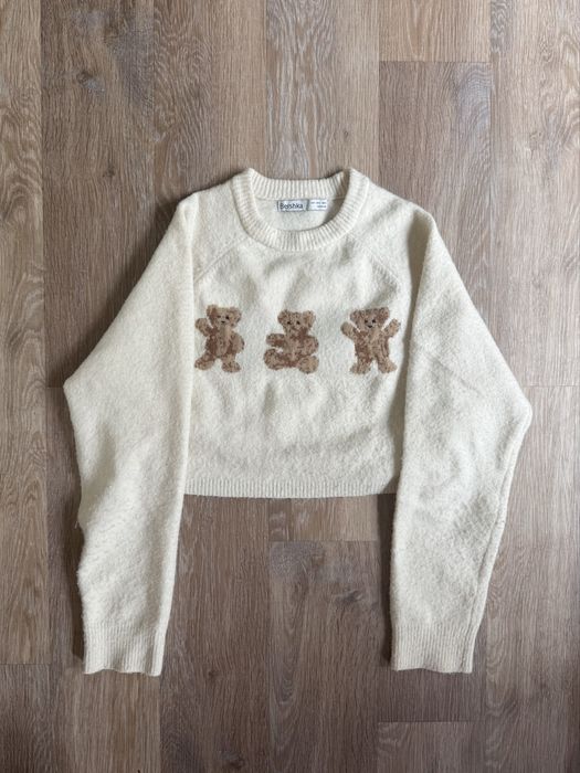 Bershka miękki biały ecru sweterek z misiami size S