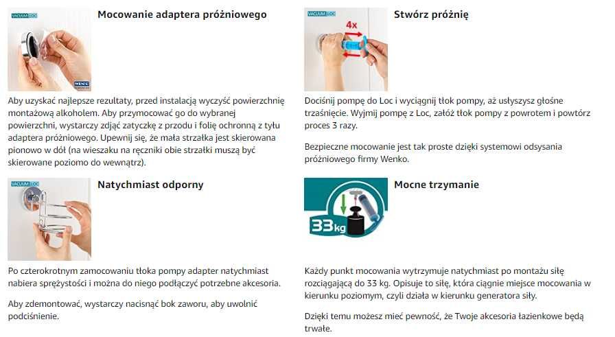 Drążek na przyssawki Wenko chrom (brak pompy Vacuum-Loc)