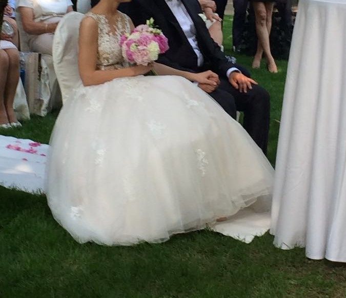 Pronovias Ofelia 36 S koronka tiul siateczka rozmiar S rozkloszowana