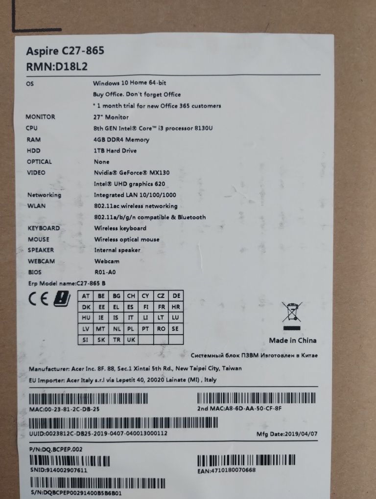 Komputer ACER Aspire C27-865 windows 10 home polecam