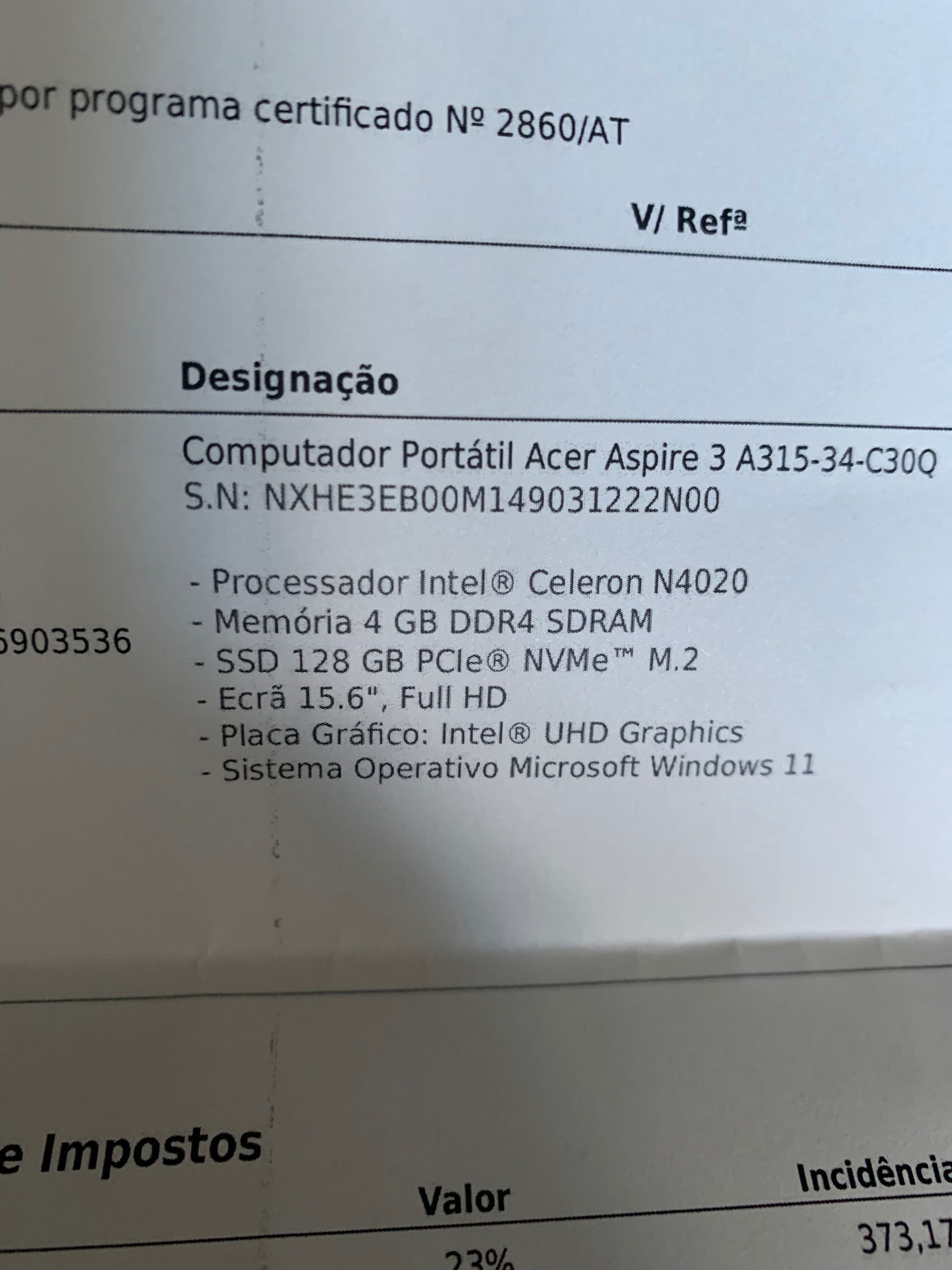 Computador Portátil Acer Aspire 3 A315-34-C300 praticamente sem uso