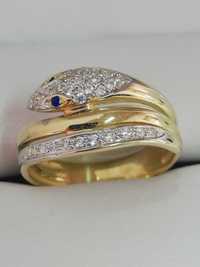 WŁOSKI złoty pierścionek szeroki wąż z szafirowymi oczami cyrkoniami