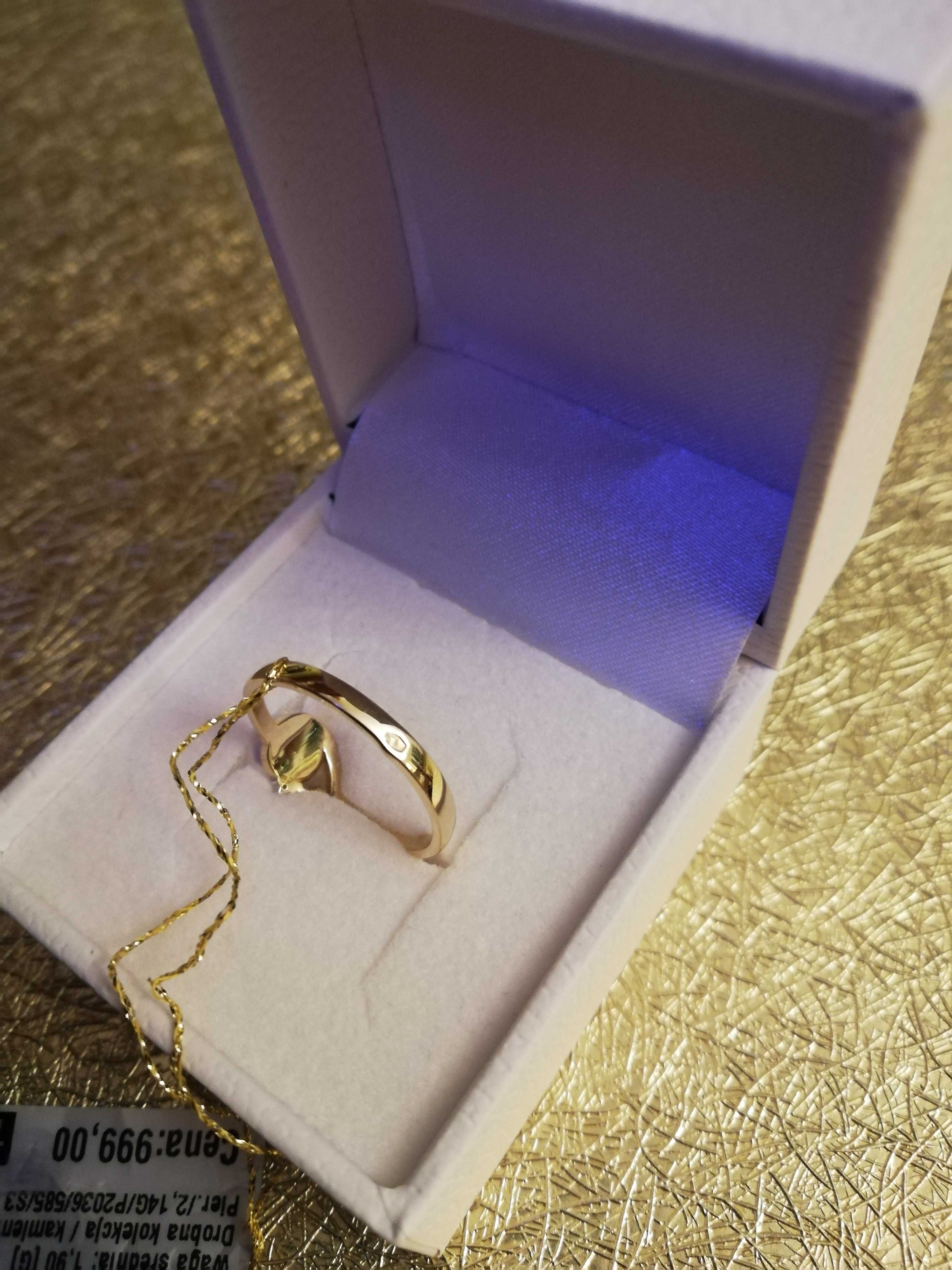 Złoty pierścionek z perłą i cyrkoniami r. 14  próba 585