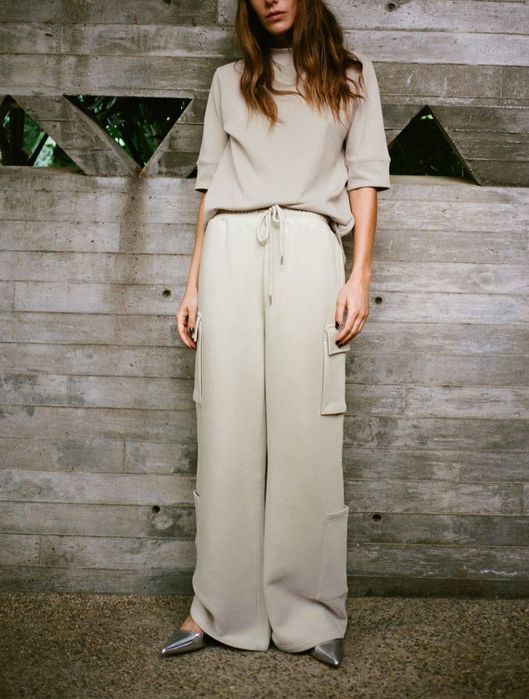 Zara spodnie dresowe cargo szerokie nogawki kieszenie M bezowe kremowe