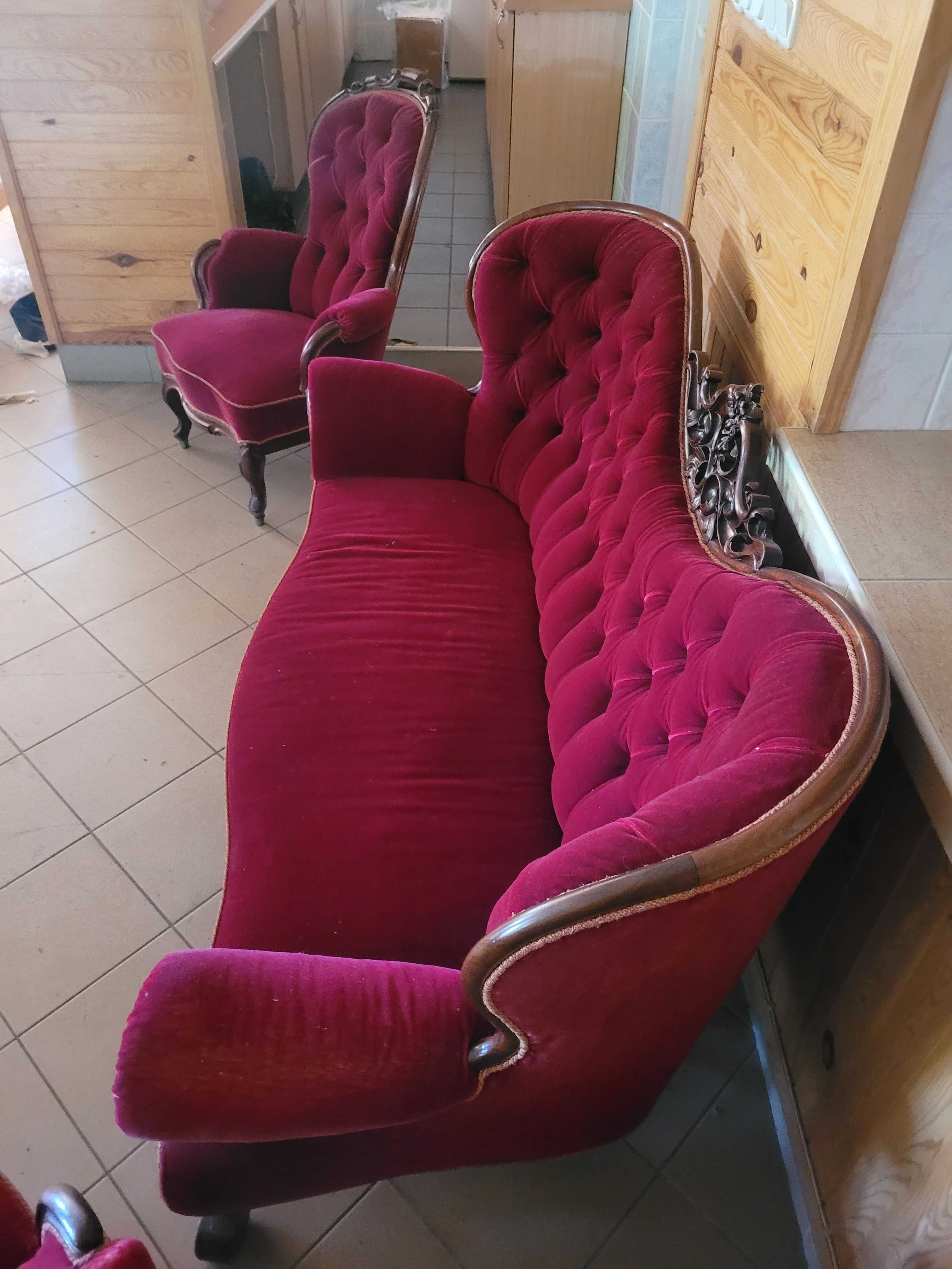 Stylowa bordowa czerwona kanapa dwa fotele komplet wypoczynkowy antyk